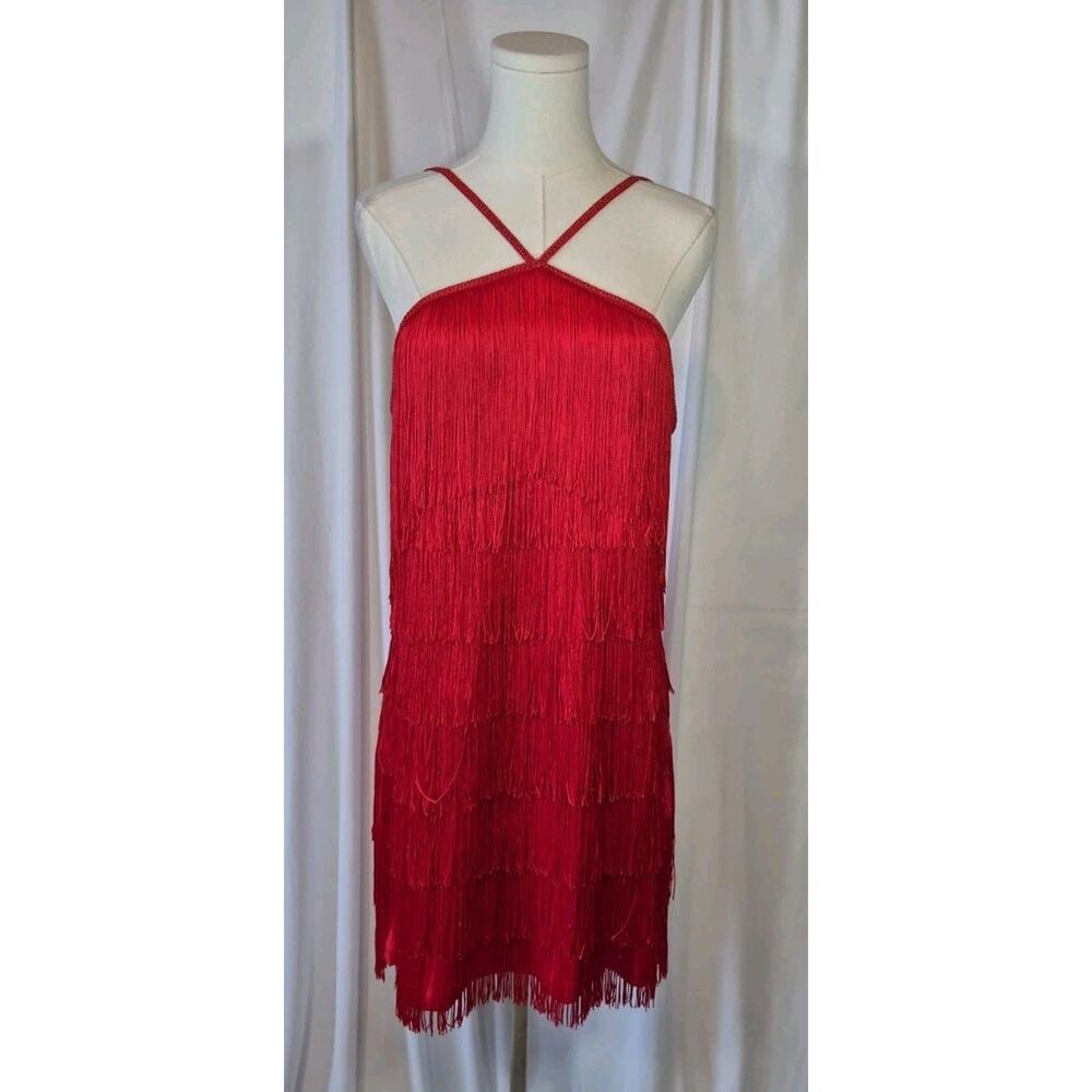 Flapper 20s Fore Red Tiered Fringe Mini Dress Large New